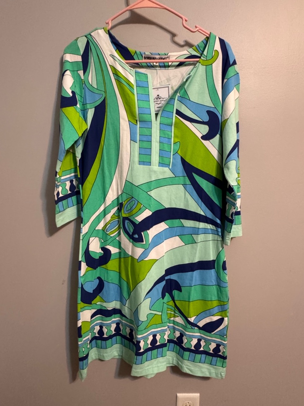 NWT Barbara Gerwit Navy blue, teal and blue patterned dress. Women’s Medium